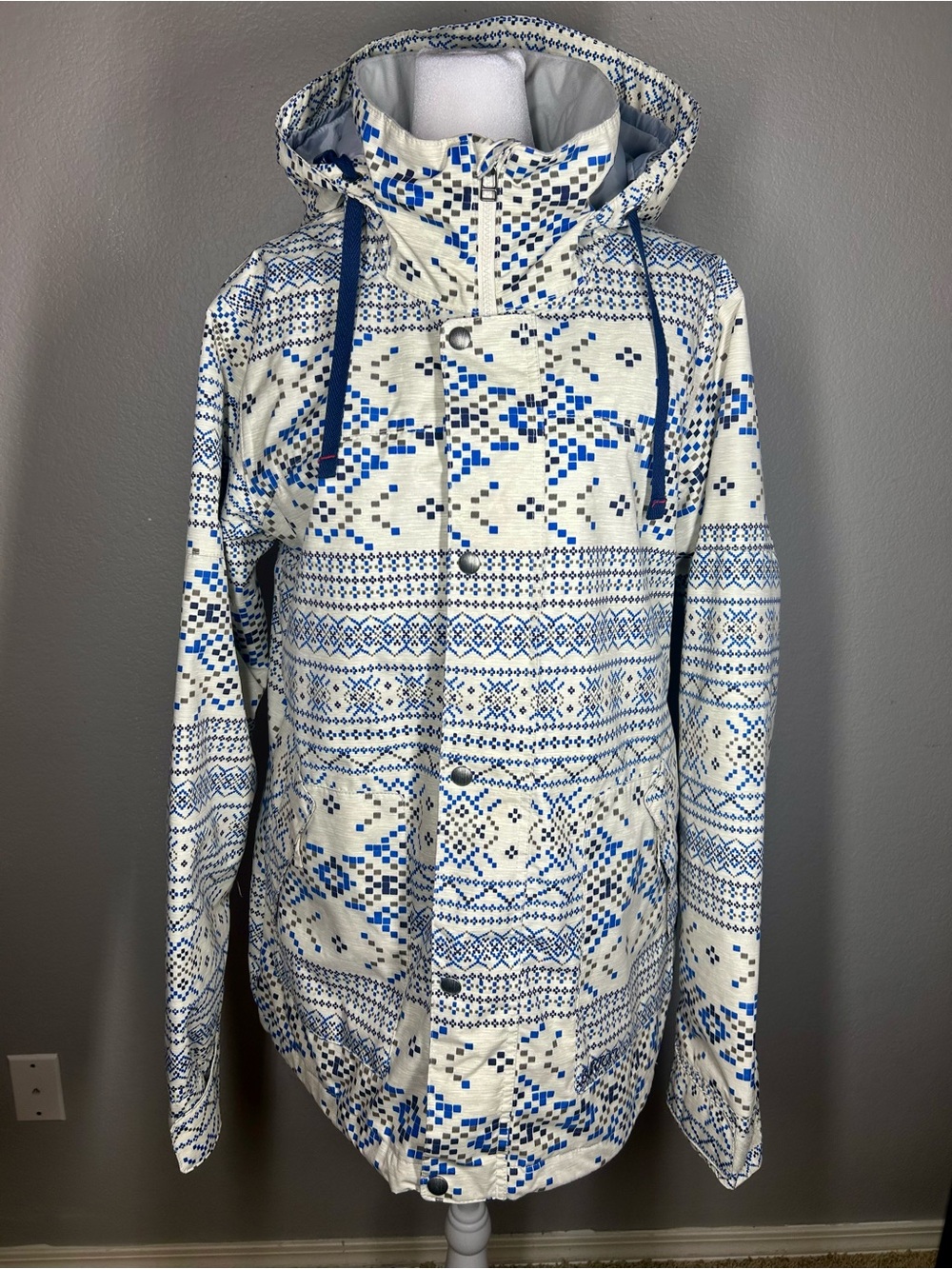 Burton Ginger DRYRIDE Snowboard Coat XL Pixelated Fair Isle Blue White Ski - Picture 2 of 16